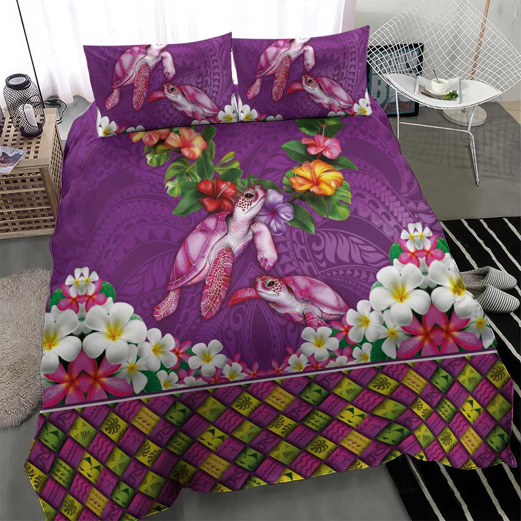 Hawaiian Lei Turtle and Plumeria Bedding Set Polynerian Art Tattoo-Mauve Color