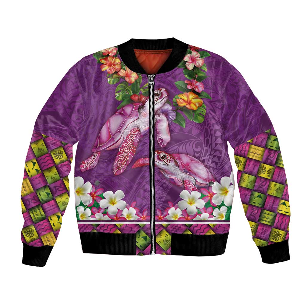 Hawaiian Lei Turtle and Plumeria Bomber Jacket Polynerian Art Tattoo-Mauve Color