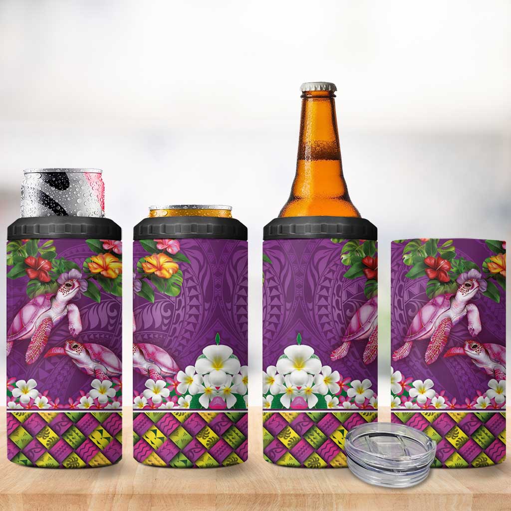 Hawaiian Lei Turtle and Plumeria 4 in 1 Can Cooler Tumbler Polynerian Art Tattoo-Mauve Color