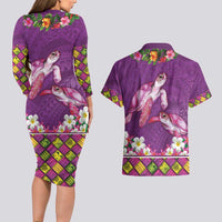 Hawaiian Lei Turtle and Plumeria Couples Matching Long Sleeve Bodycon Dress and Hawaiian Shirt Polynerian Art Tattoo-Mauve Color