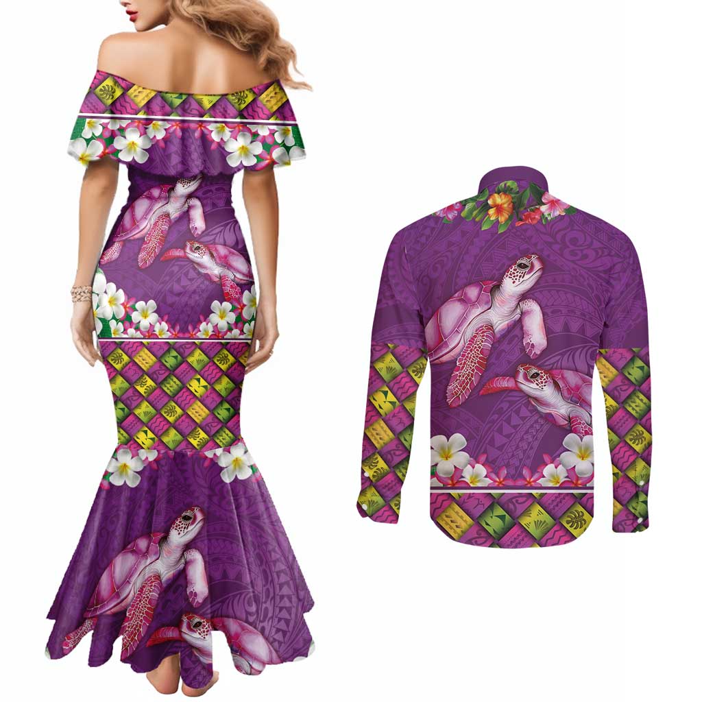 Hawaiian Lei Turtle and Plumeria Couples Matching Mermaid Dress and Long Sleeve Button Shirt Polynerian Art Tattoo-Mauve Color