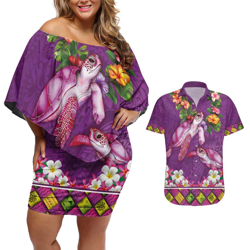 Hawaiian Lei Turtle and Plumeria Couples Matching Off Shoulder Short Dress and Hawaiian Shirt Polynerian Art Tattoo-Mauve Color