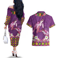 Hawaiian Lei Turtle and Plumeria Couples Matching Off The Shoulder Long Sleeve Dress and Hawaiian Shirt Polynerian Art Tattoo-Mauve Color