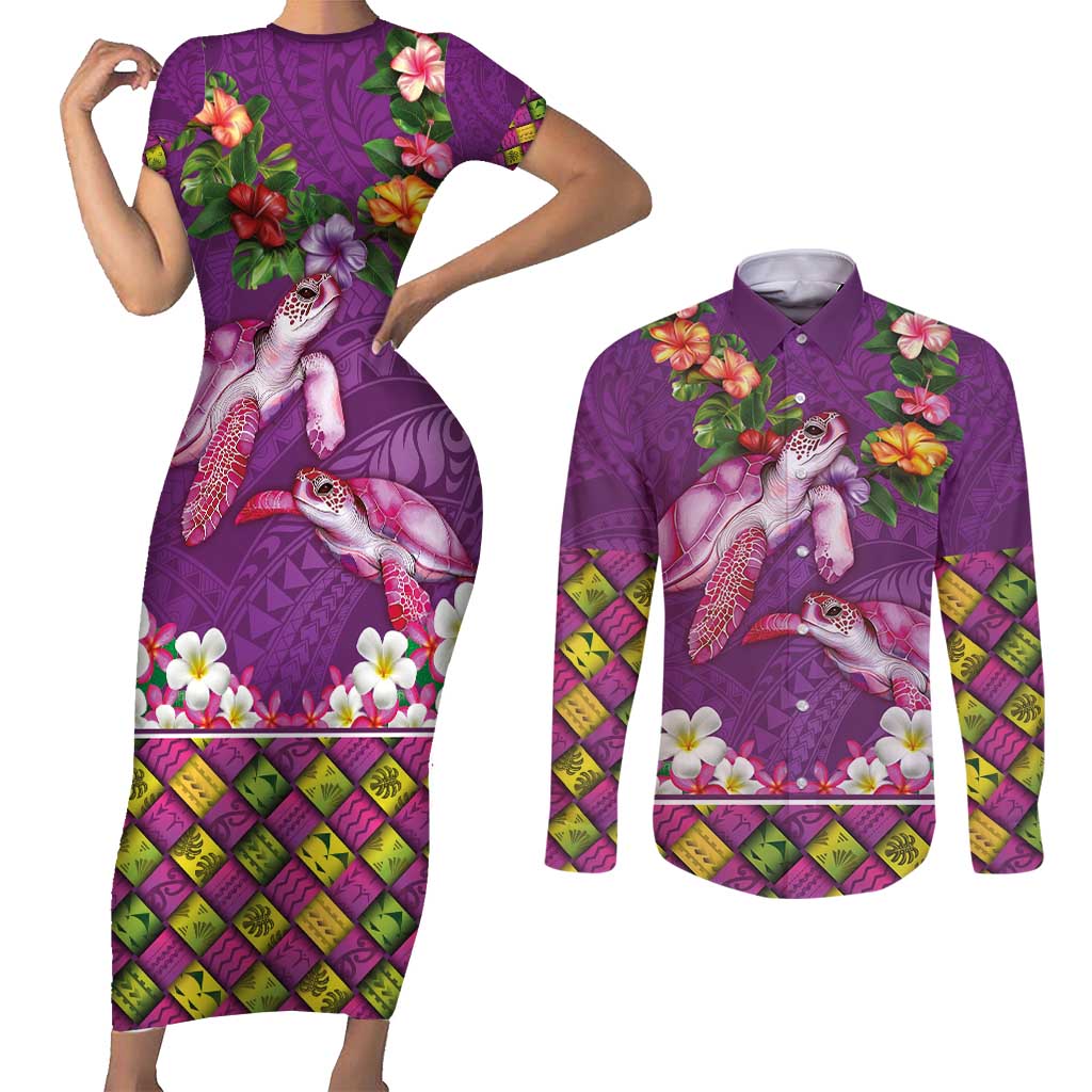 Hawaiian Lei Turtle and Plumeria Couples Matching Short Sleeve Bodycon Dress and Long Sleeve Button Shirt Polynerian Art Tattoo-Mauve Color