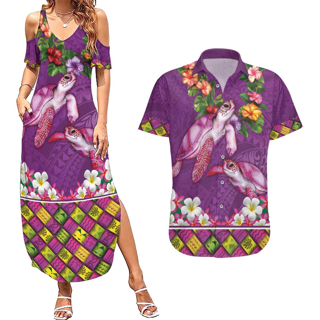 Hawaiian Lei Turtle and Plumeria Couples Matching Summer Maxi Dress and Hawaiian Shirt Polynerian Art Tattoo-Mauve Color