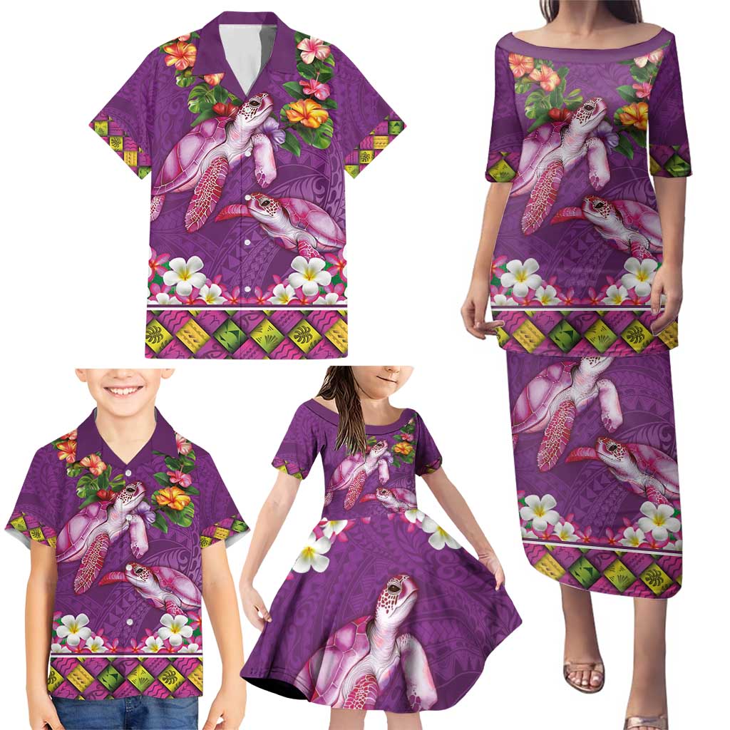 Hawaiian Lei Turtle and Plumeria Family Matching Puletasi and Hawaiian Shirt Polynerian Art Tattoo-Mauve Color