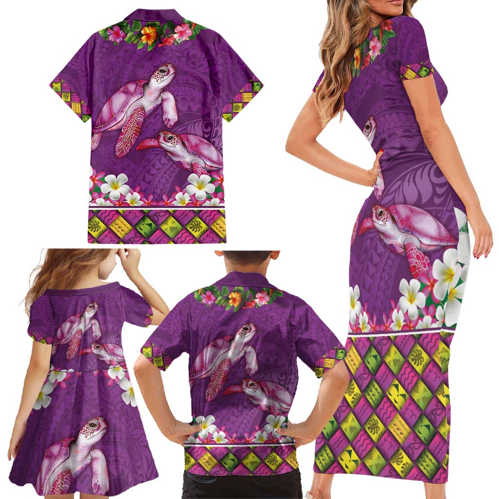 Hawaiian Lei Turtle and Plumeria Family Matching Short Sleeve Bodycon Dress and Hawaiian Shirt Polynerian Art Tattoo-Mauve Color