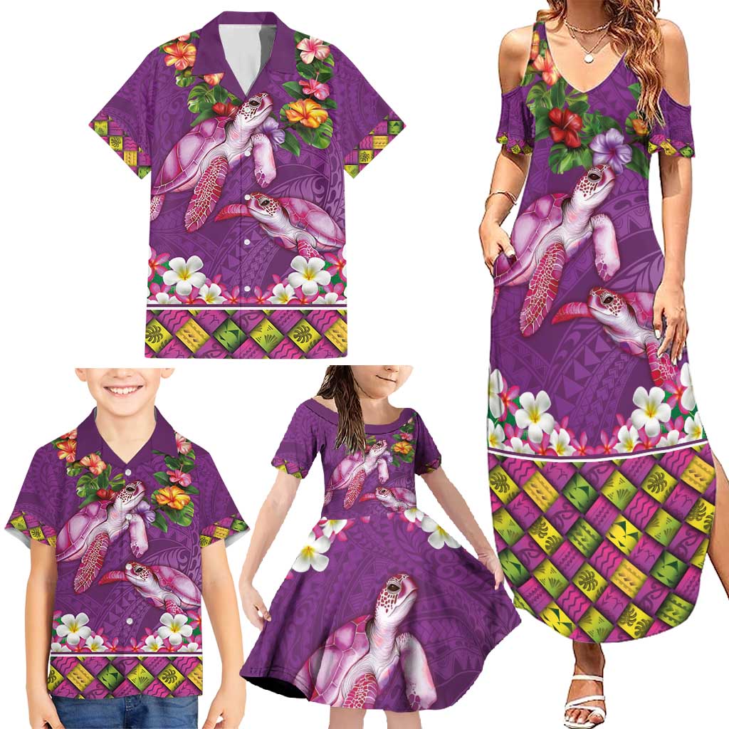 Hawaiian Lei Turtle and Plumeria Family Matching Summer Maxi Dress and Hawaiian Shirt Polynerian Art Tattoo-Mauve Color