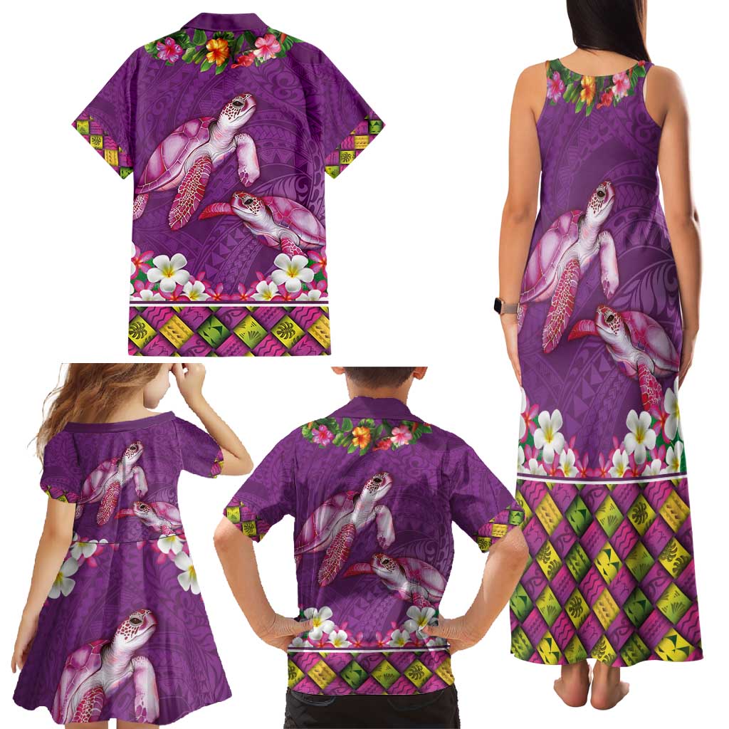 Hawaiian Lei Turtle and Plumeria Family Matching Tank Maxi Dress and Hawaiian Shirt Polynerian Art Tattoo-Mauve Color