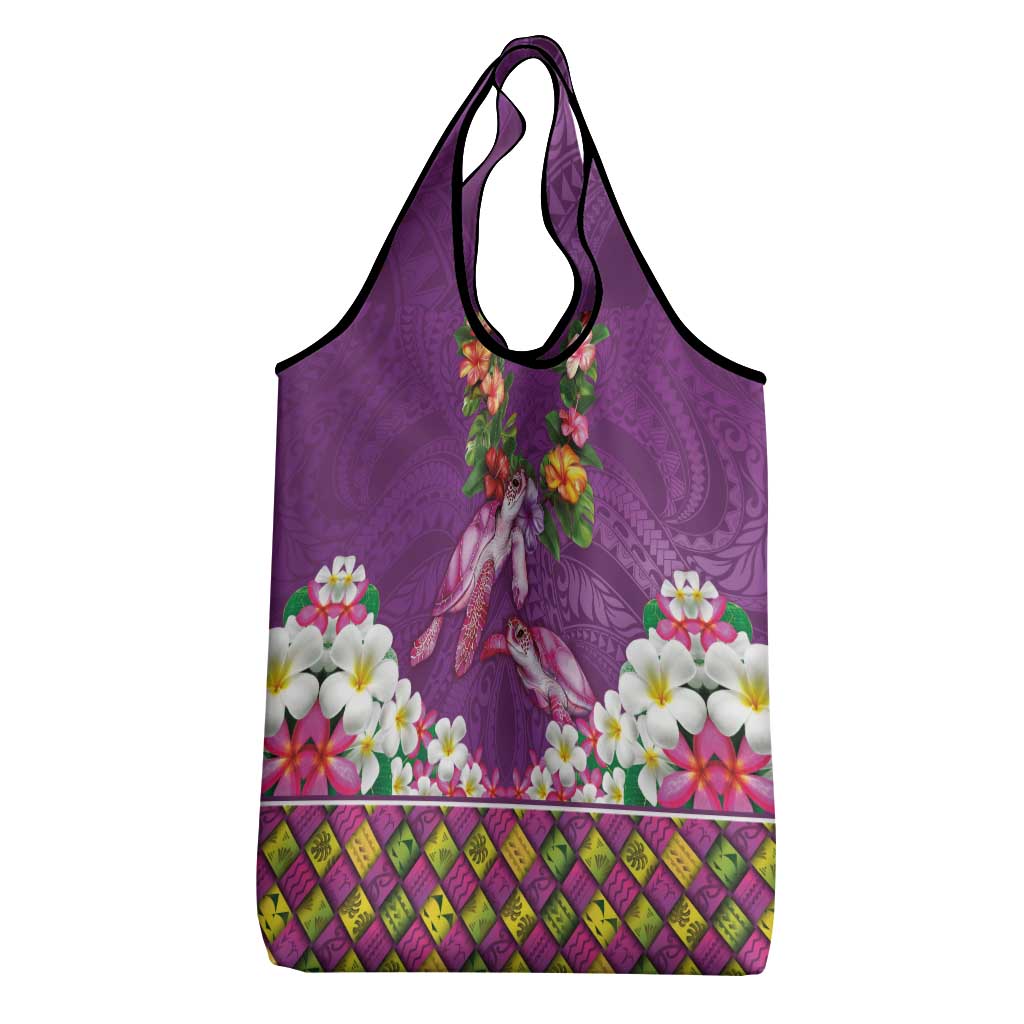 Hawaiian Lei Turtle and Plumeria Grocery Bag Polynerian Art Tattoo-Mauve Color