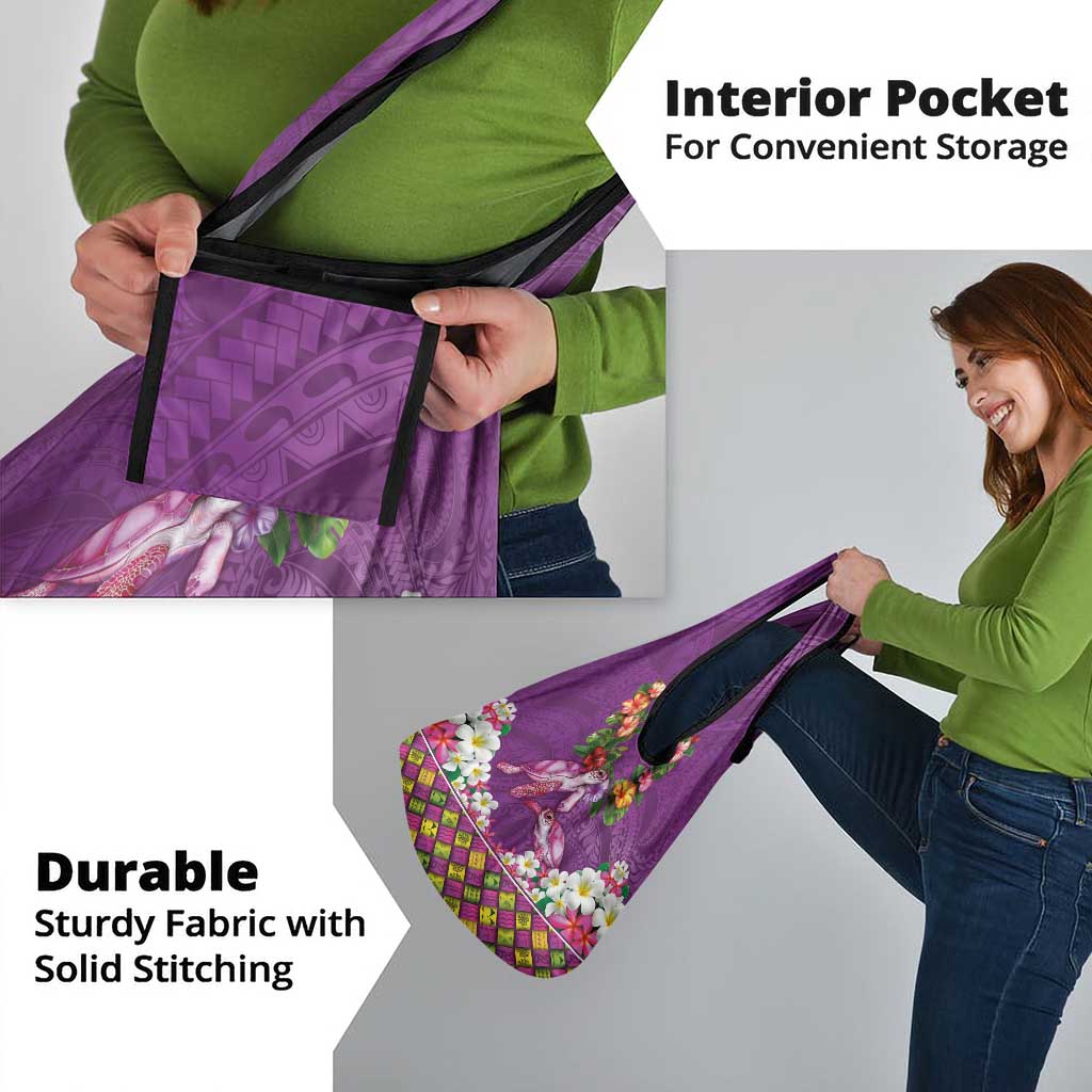 Hawaiian Lei Turtle and Plumeria Grocery Bag Polynerian Art Tattoo-Mauve Color