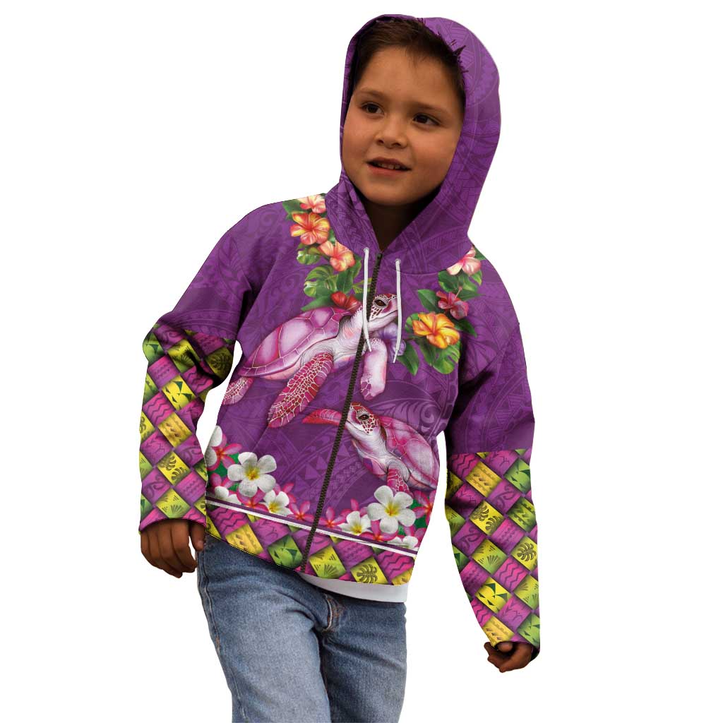 Hawaiian Lei Turtle and Plumeria Kid Hoodie Polynerian Art Tattoo-Mauve Color