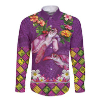 Hawaiian Lei Turtle and Plumeria Long Sleeve Button Shirt Polynerian Art Tattoo-Mauve Color