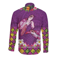 Hawaiian Lei Turtle and Plumeria Long Sleeve Button Shirt Polynerian Art Tattoo-Mauve Color
