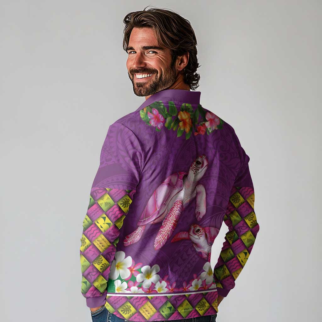 Hawaiian Lei Turtle and Plumeria Long Sleeve Polo Shirt Polynerian Art Tattoo-Mauve Color