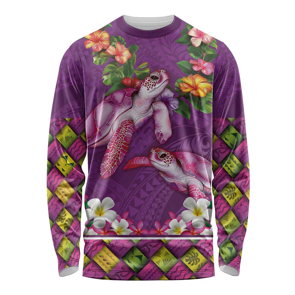 Hawaiian Lei Turtle and Plumeria Long Sleeve Shirt Polynerian Art Tattoo-Mauve Color