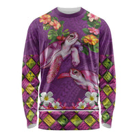 Hawaiian Lei Turtle and Plumeria Long Sleeve Shirt Polynerian Art Tattoo-Mauve Color