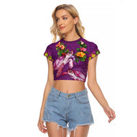 Hawaiian Lei Turtle and Plumeria Raglan Cropped T Shirt Polynerian Art Tattoo-Mauve Color