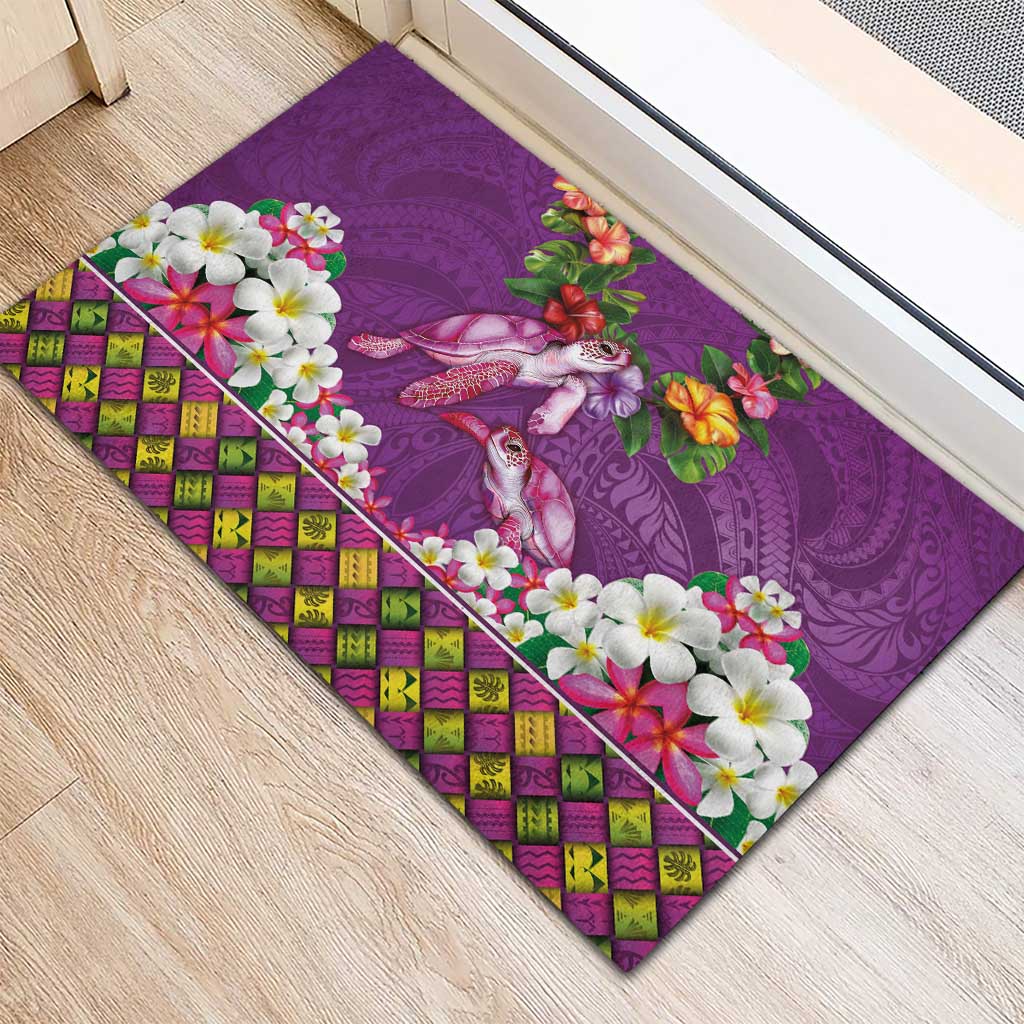 Hawaiian Lei Turtle and Plumeria Rubber Doormat Polynerian Art Tattoo-Mauve Color