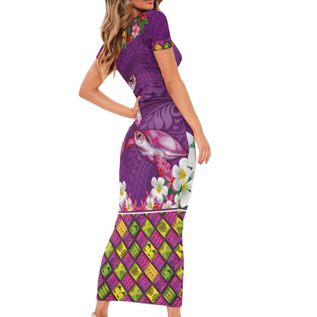 Hawaiian Lei Turtle and Plumeria Short Sleeve Bodycon Dress Polynerian Art Tattoo-Mauve Color