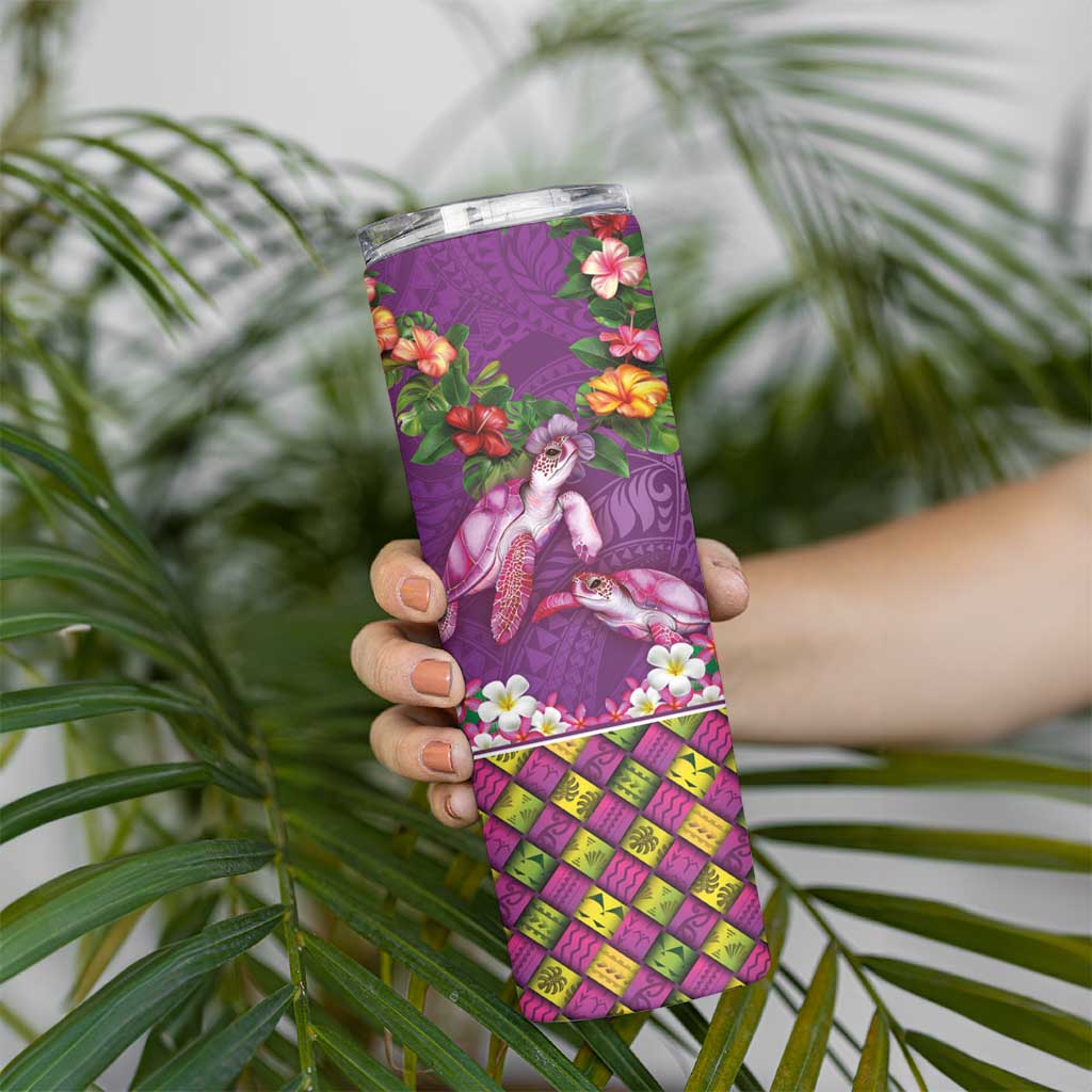 Hawaiian Lei Turtle and Plumeria Skinny Tumbler Polynerian Art Tattoo-Mauve Color