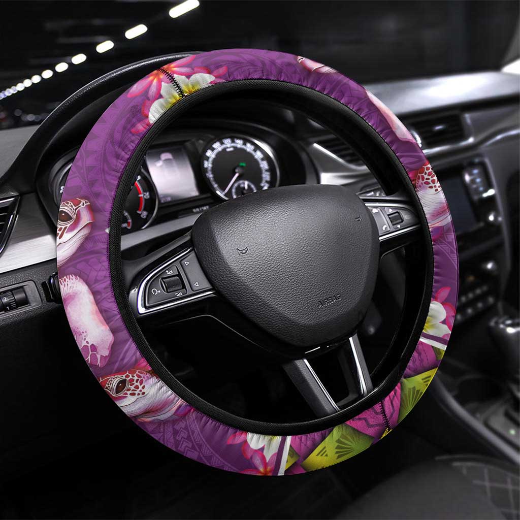 Hawaiian Lei Turtle and Plumeria Steering Wheel Cover Polynerian Art Tattoo-Mauve Color