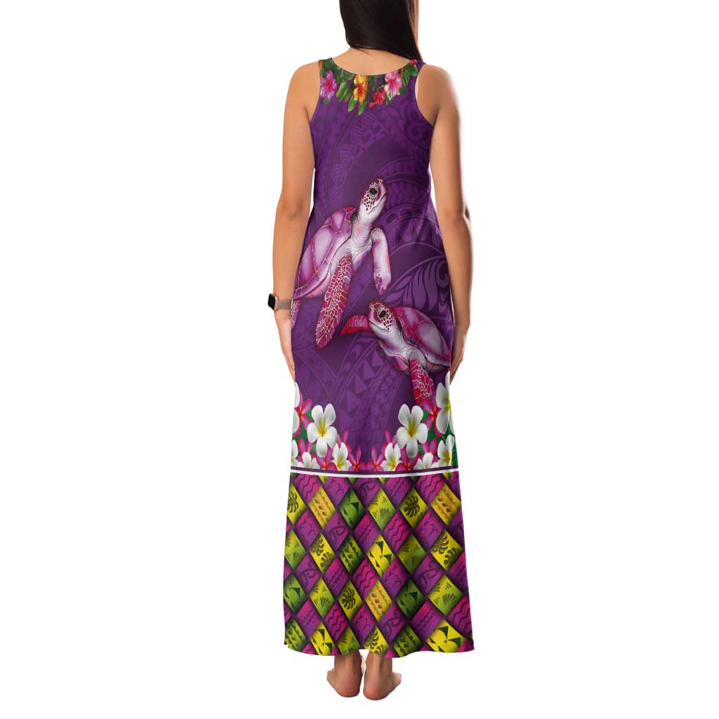 Hawaiian Lei Turtle and Plumeria Tank Maxi Dress Polynerian Art Tattoo-Mauve Color
