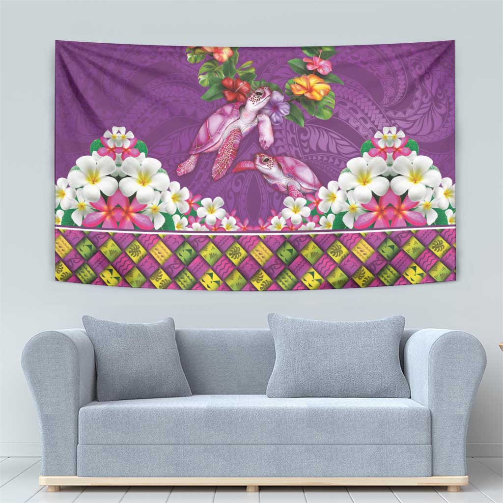 Hawaiian Lei Turtle and Plumeria Tapestry Polynerian Art Tattoo-Mauve Color