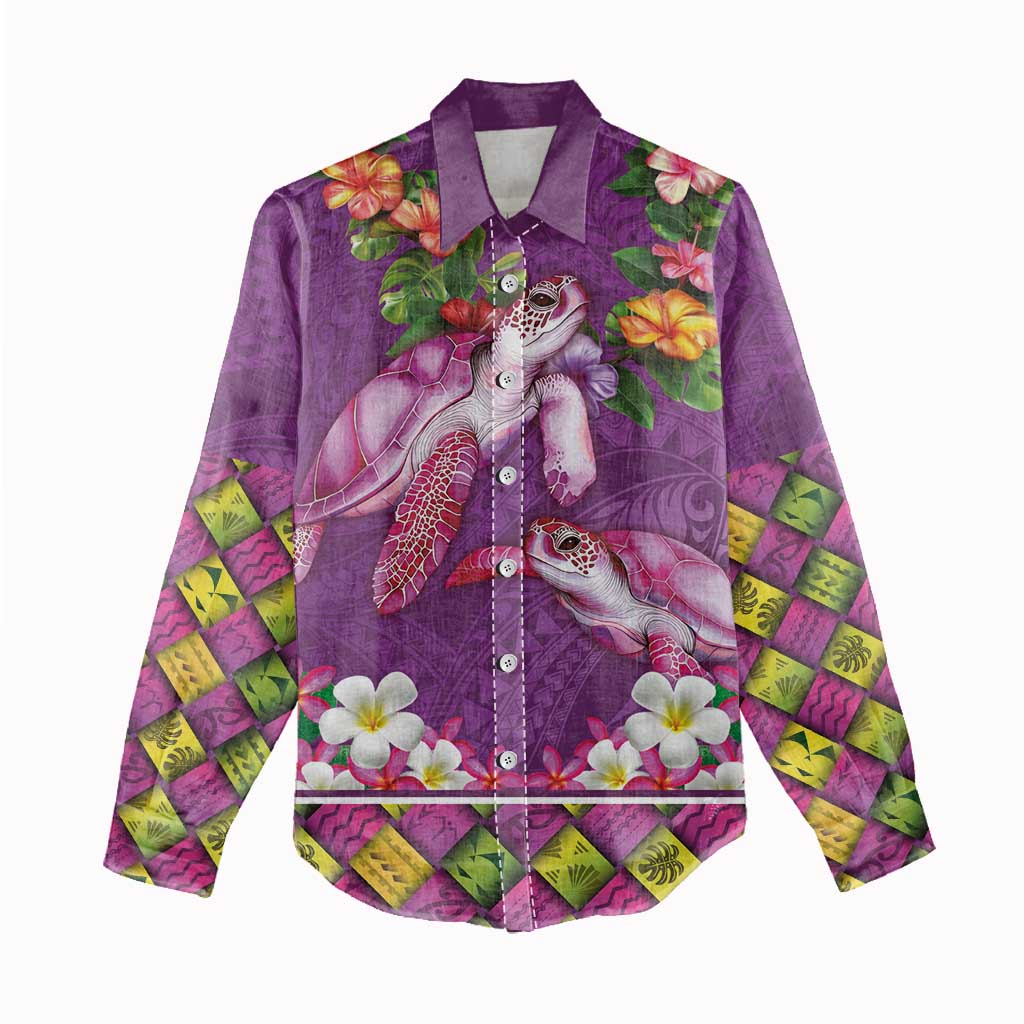 Hawaiian Lei Turtle and Plumeria Women Casual Shirt Polynerian Art Tattoo-Mauve Color