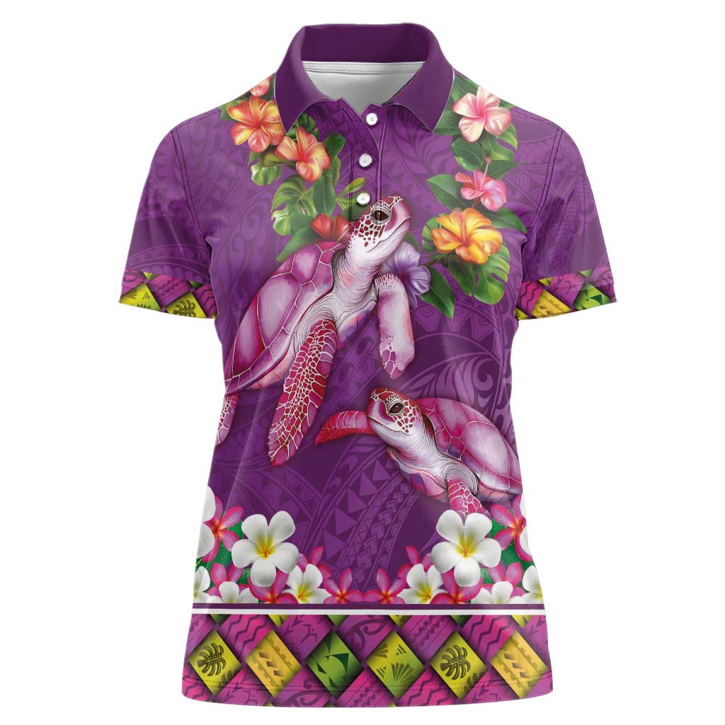Hawaiian Lei Turtle and Plumeria Women Polo Shirt Polynerian Art Tattoo-Mauve Color