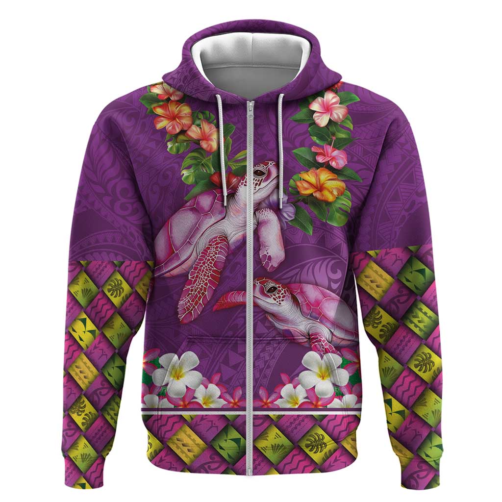 Hawaiian Lei Turtle and Plumeria Zip Hoodie Polynerian Art Tattoo-Mauve Color