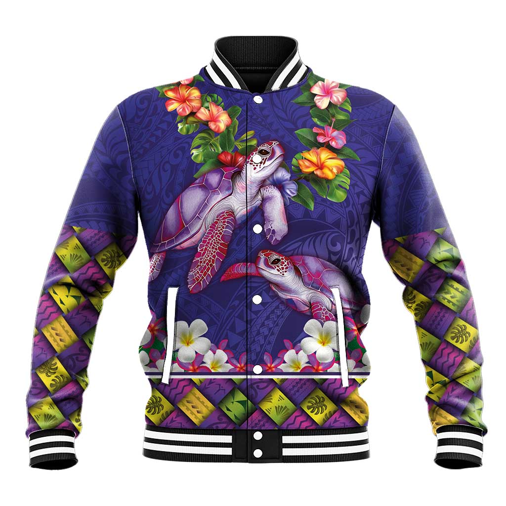 Hawaiian Lei Turtle and Plumeria Baseball Jacket Polynerian Art Tattoo-Navy Color