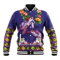 Hawaiian Lei Turtle and Plumeria Baseball Jacket Polynerian Art Tattoo-Navy Color
