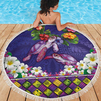 Hawaiian Lei Turtle and Plumeria Beach Blanket Polynerian Art Tattoo-Navy Color
