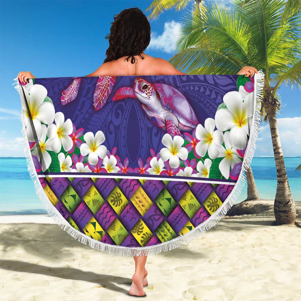 Hawaiian Lei Turtle and Plumeria Beach Blanket Polynerian Art Tattoo-Navy Color