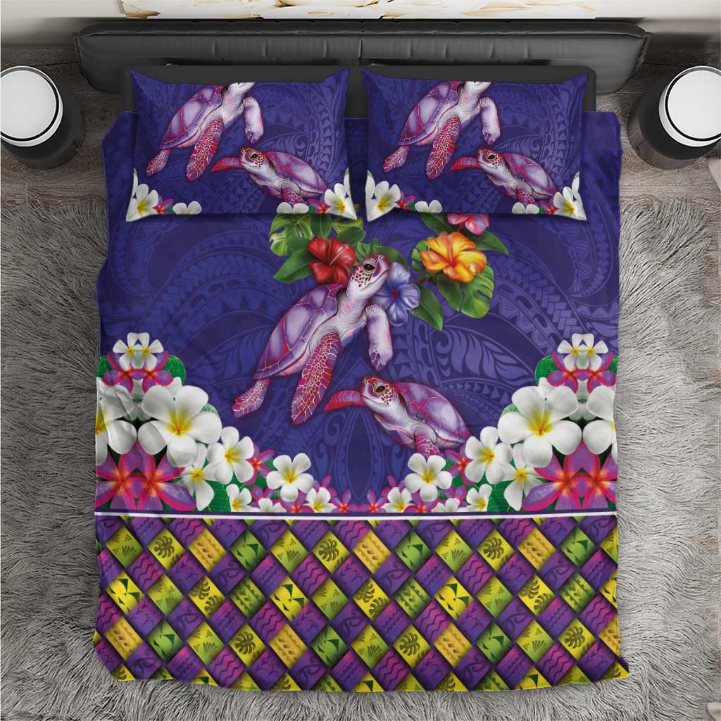 Hawaiian Lei Turtle and Plumeria Bedding Set Polynerian Art Tattoo-Navy Color