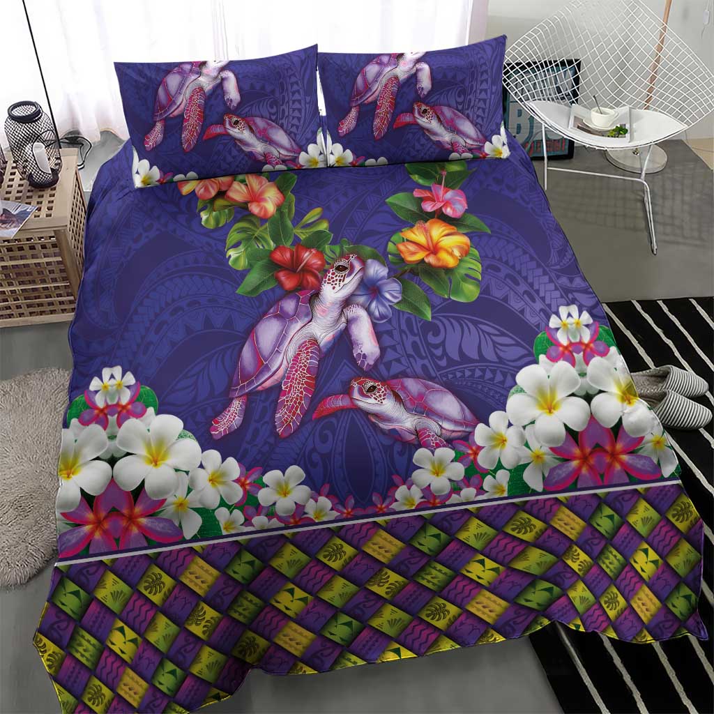 Hawaiian Lei Turtle and Plumeria Bedding Set Polynerian Art Tattoo-Navy Color