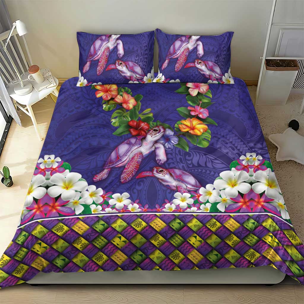 Hawaiian Lei Turtle and Plumeria Bedding Set Polynerian Art Tattoo-Navy Color