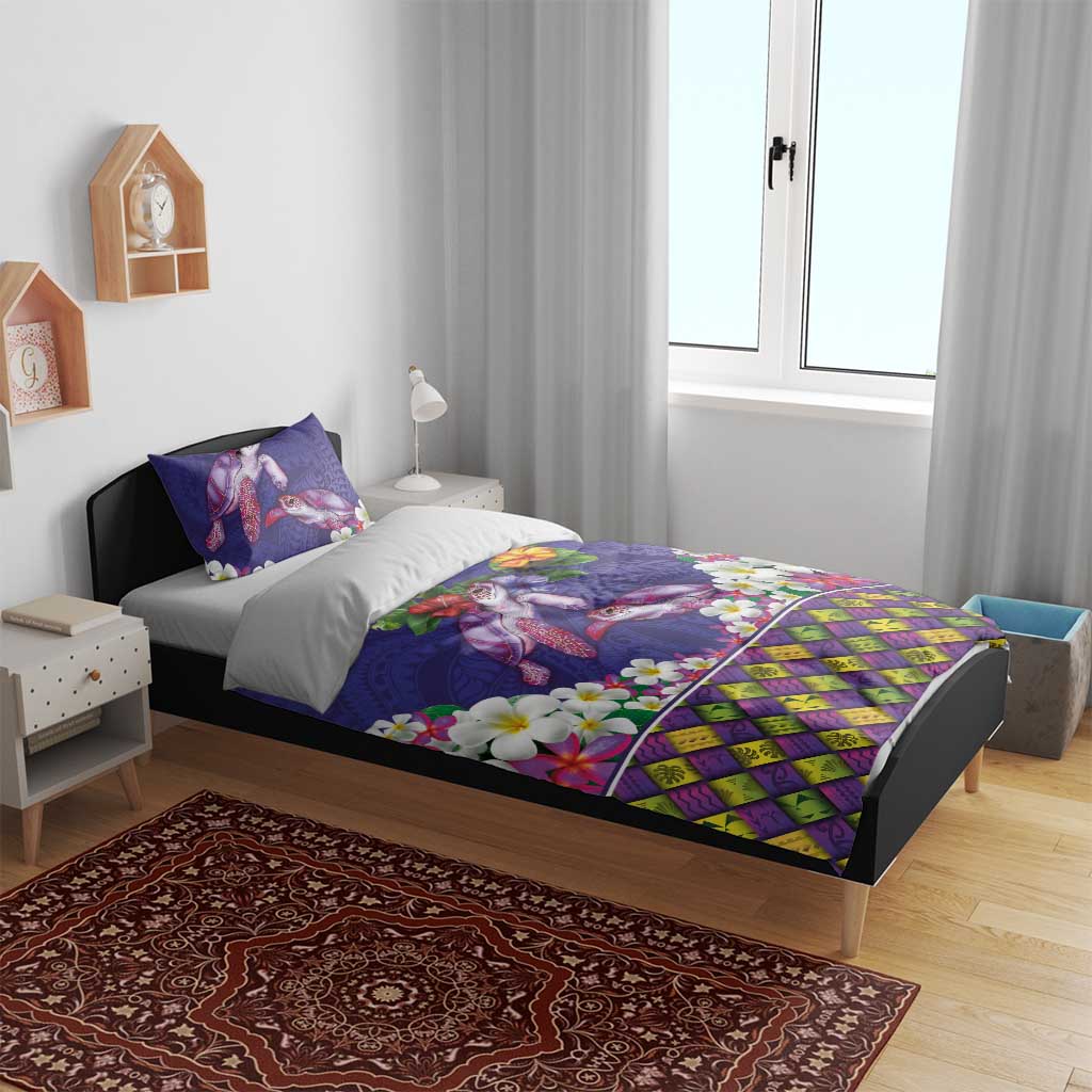 Hawaiian Lei Turtle and Plumeria Bedding Set Polynerian Art Tattoo-Navy Color