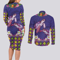 Hawaiian Lei Turtle and Plumeria Couples Matching Long Sleeve Bodycon Dress and Long Sleeve Button Shirt Polynerian Art Tattoo-Navy Color