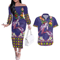 Hawaiian Lei Turtle and Plumeria Couples Matching Off The Shoulder Long Sleeve Dress and Hawaiian Shirt Polynerian Art Tattoo-Navy Color