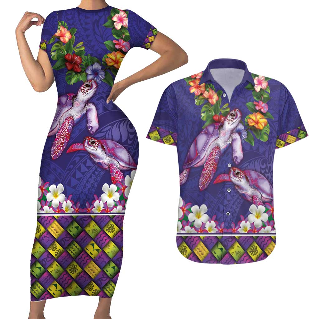 Hawaiian Lei Turtle and Plumeria Couples Matching Short Sleeve Bodycon Dress and Hawaiian Shirt Polynerian Art Tattoo-Navy Color