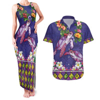 Hawaiian Lei Turtle and Plumeria Couples Matching Tank Maxi Dress and Hawaiian Shirt Polynerian Art Tattoo-Navy Color
