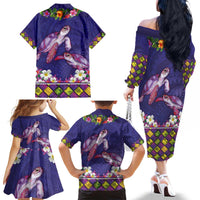 Hawaiian Lei Turtle and Plumeria Family Matching Off The Shoulder Long Sleeve Dress and Hawaiian Shirt Polynerian Art Tattoo-Navy Color