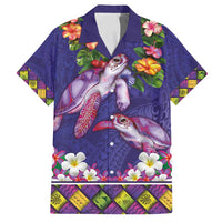 Hawaiian Lei Turtle and Plumeria Family Matching Puletasi and Hawaiian Shirt Polynerian Art Tattoo-Navy Color