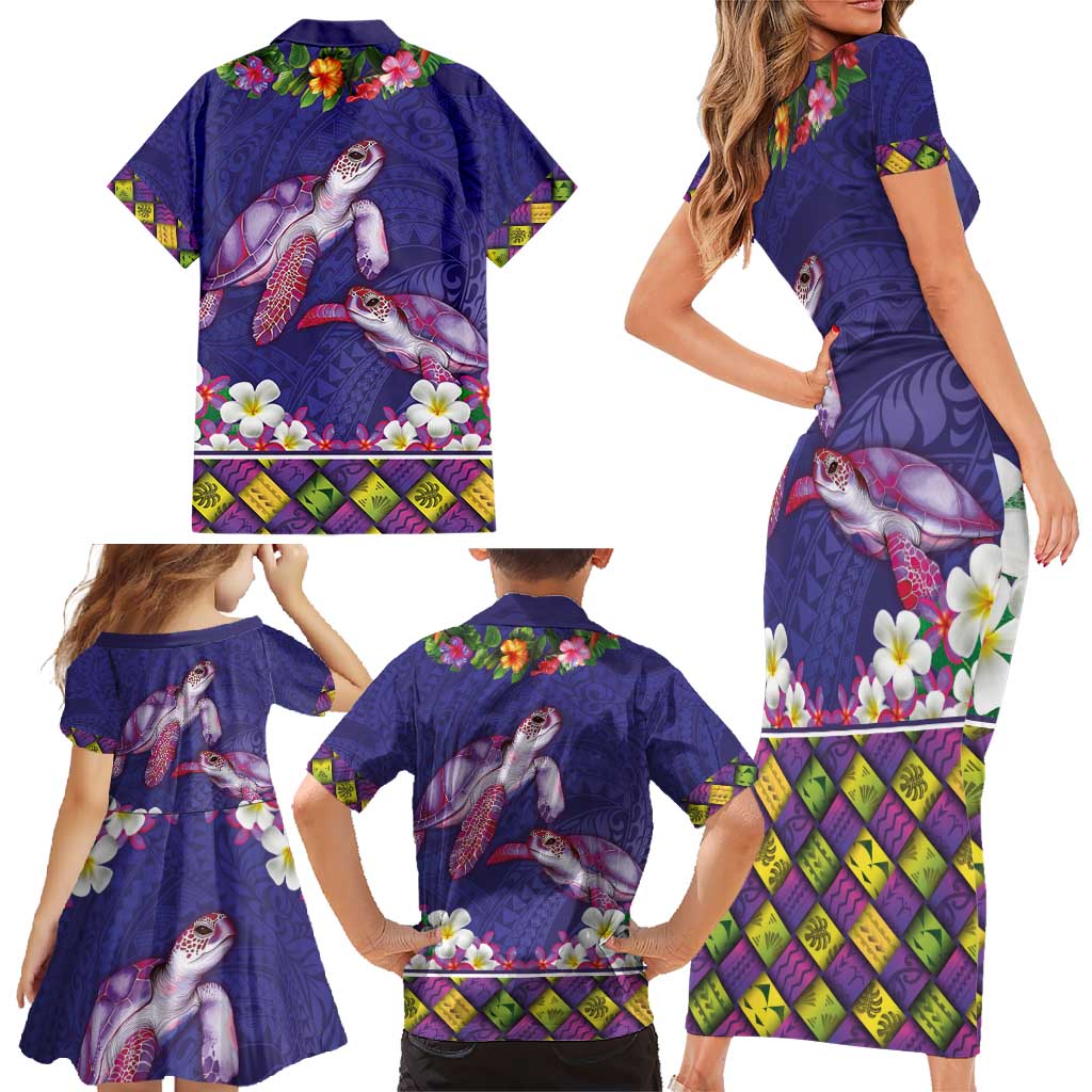 Hawaiian Lei Turtle and Plumeria Family Matching Short Sleeve Bodycon Dress and Hawaiian Shirt Polynerian Art Tattoo-Navy Color