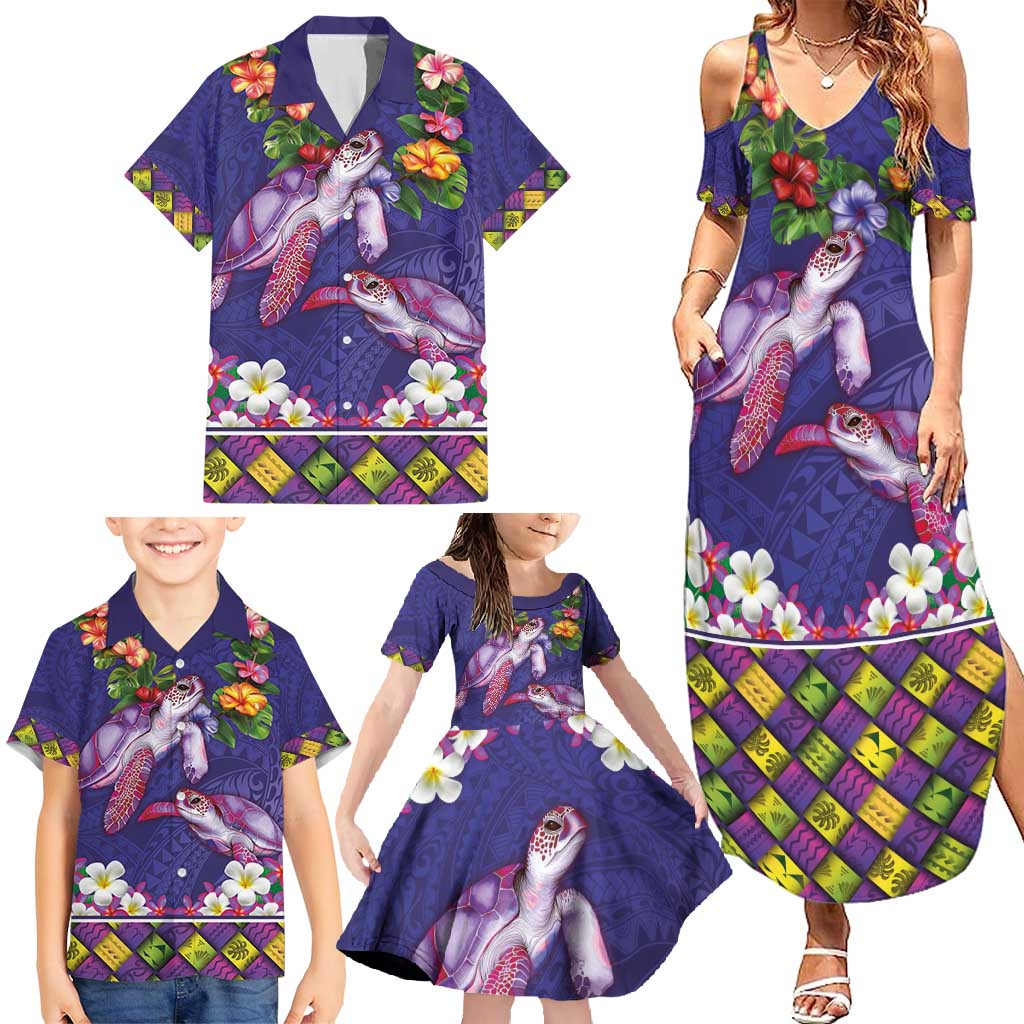 Hawaiian Lei Turtle and Plumeria Family Matching Summer Maxi Dress and Hawaiian Shirt Polynerian Art Tattoo-Navy Color
