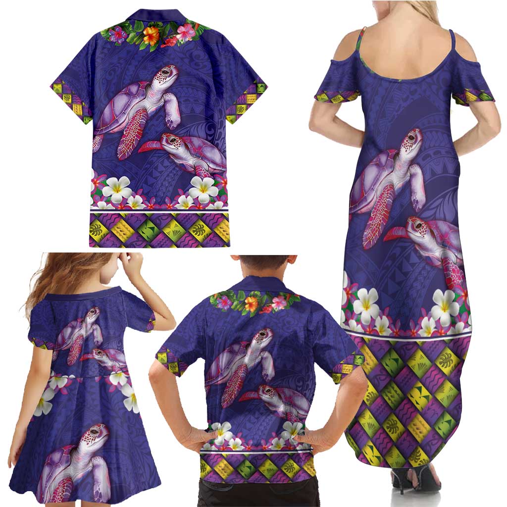 Hawaiian Lei Turtle and Plumeria Family Matching Summer Maxi Dress and Hawaiian Shirt Polynerian Art Tattoo-Navy Color