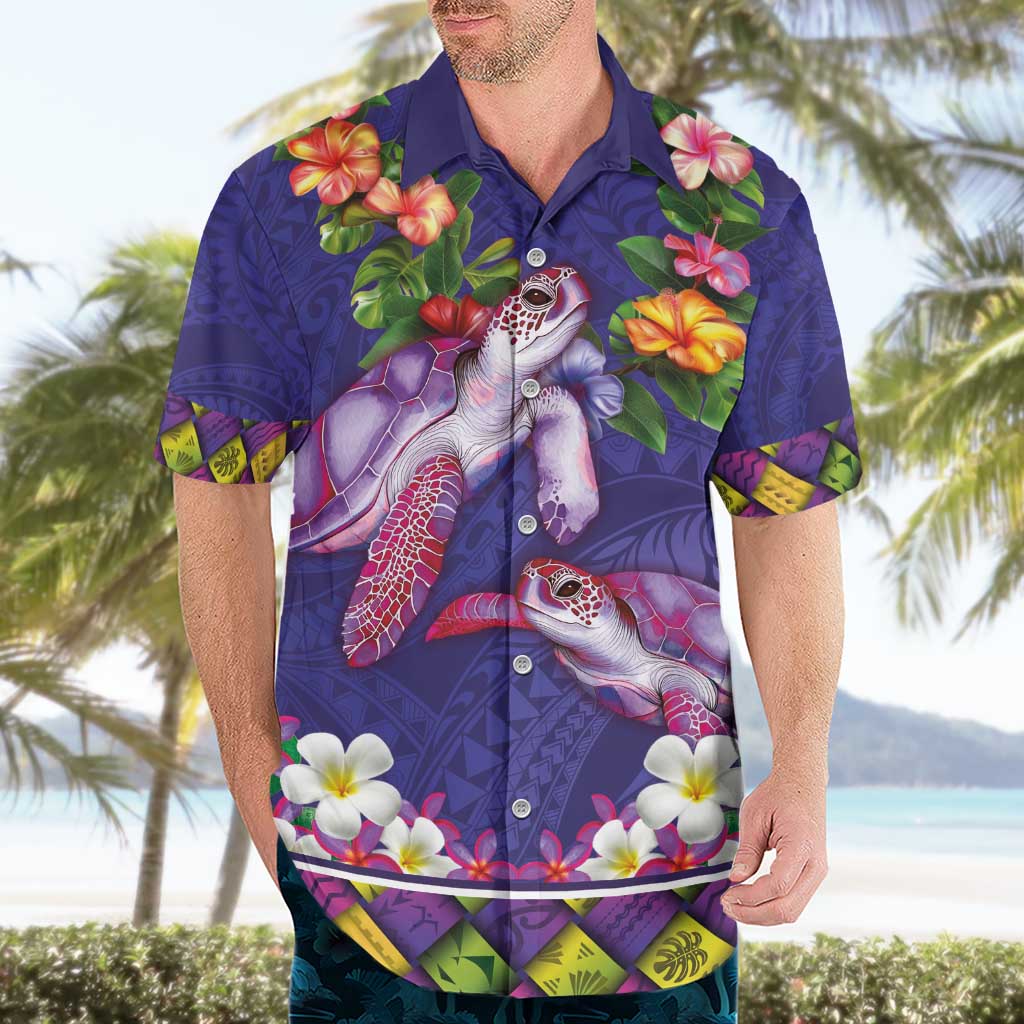 Hawaiian Lei Turtle and Plumeria Hawaiian Shirt Polynerian Art Tattoo-Navy Color