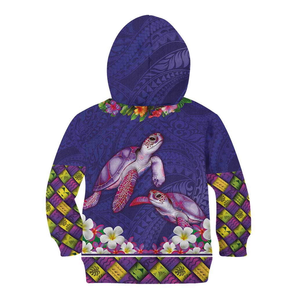 Hawaiian Lei Turtle and Plumeria Kid Hoodie Polynerian Art Tattoo-Navy Color